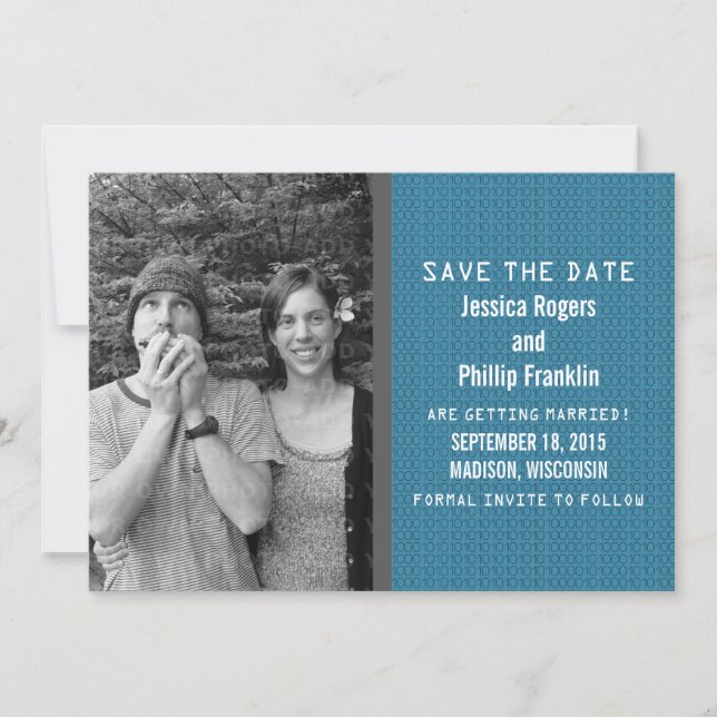 Blue Binary Code Photo Save the Date Invite (Front)