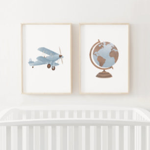 Blue Biplane and Globe Travel Nursery Decor