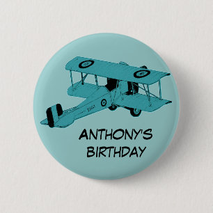 blue biplane birthday pin button