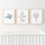 Blue Biplane Hot Air Balloon Travel Nursery Decor<br><div class="desc">Add a finishing touch to your little one's travel themed space with this set of three watercolor biplane,  hot air balloon,  and quote prints.</div>