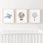 Blue Biplane Hot Air Balloon Travel Nursery Decor<br><div class="desc">Add a finishing touch to your little one's travel themed space with this set of three watercolor biplane,  hot air balloon,  and globe prints.</div>