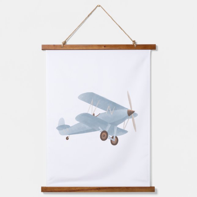 Blue Biplane Nursery Decor Hanging Tapestry (Front)