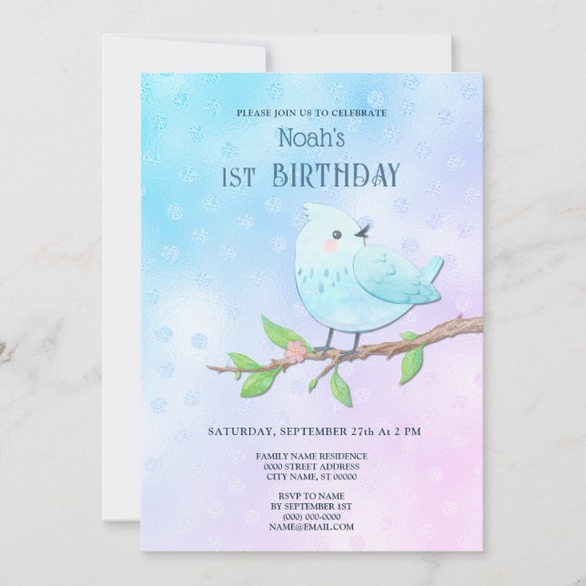 Blue Bird 1st Birthday Invitation (Front)