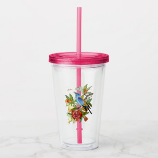 Blue Bird Among Pomegranates Watercolor Botanical Acrylic Tumbler