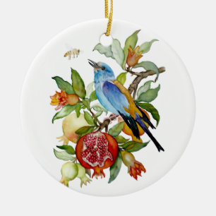 Blue Bird Among Pomegranates Watercolor Botanical Ceramic Ornament
