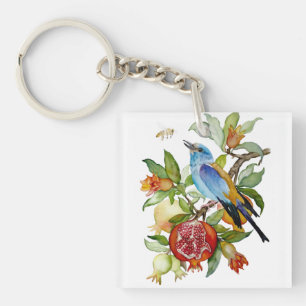 Blue Bird Among Pomegranates Watercolor Botanical Keychain