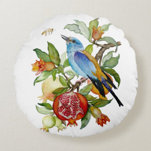 Blue Bird Among Pomegranates Watercolor Botanical Round Pillow