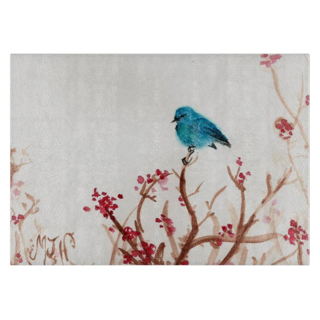 Blue Bird and Berries Glass Cutting Board 11.5 x 8 (Front)