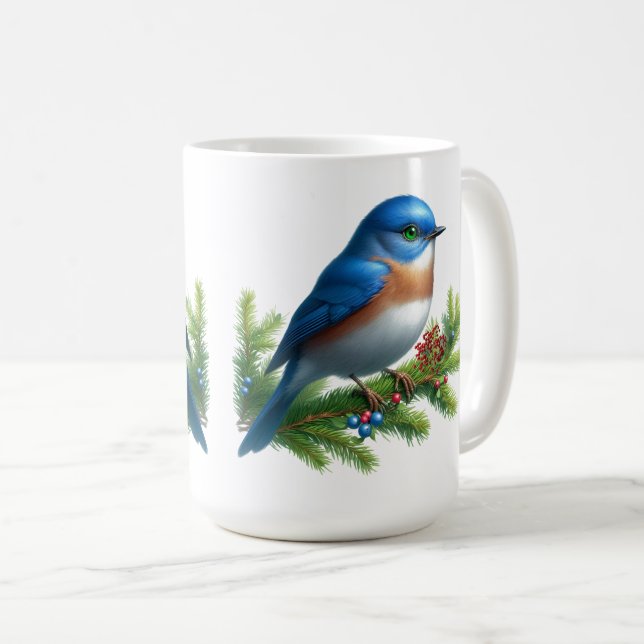 Blue Bird and Berries Holiday Motif   Coffee Mug (Front Right)