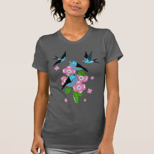 Blue bird and dogwood flowers - folk art - design T-Shirt