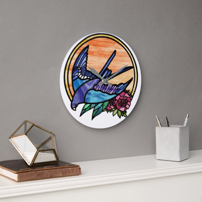 Blue bird and red rose stained glass design large clock (Office)