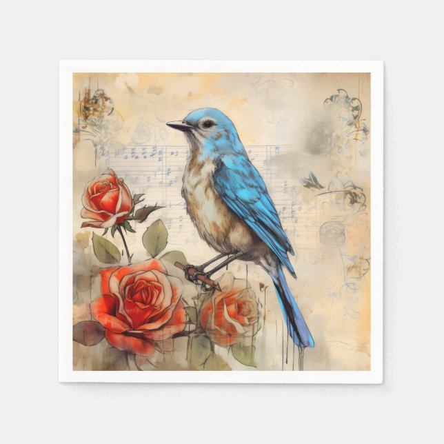 Blue bird and Roses 1 Napkin (Front)