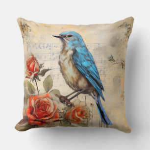 Blue bird and Roses 1 Throw Pillow