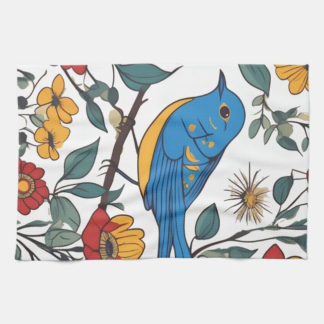 Blue Bird and Wildflower Folk Art Kitchen Towel (Horizontal)