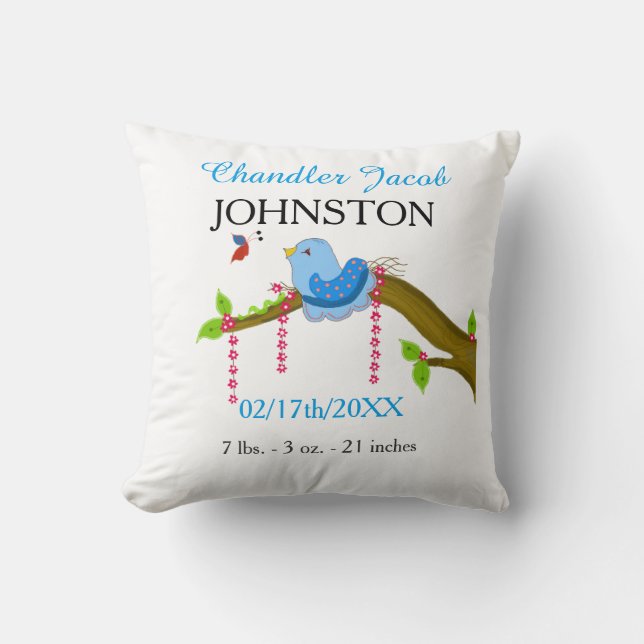 Blue Bird Baby Birth Announcement Throw Pillow (Front)