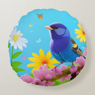 🐦 Blue Bird Blossom Art Gift For Nature Lovers 🌷 Round Pillow
