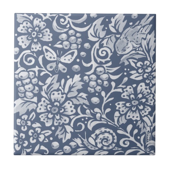 Blue Bird Butterfly Snail Berries Woodland Floral Tile (Front)