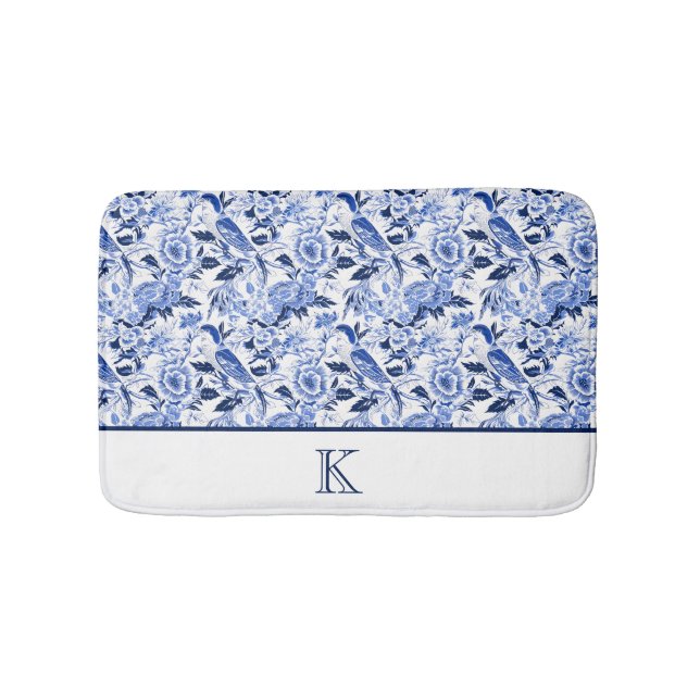 Blue Bird Chinoiserie Monogram  Bath Mat (Front)