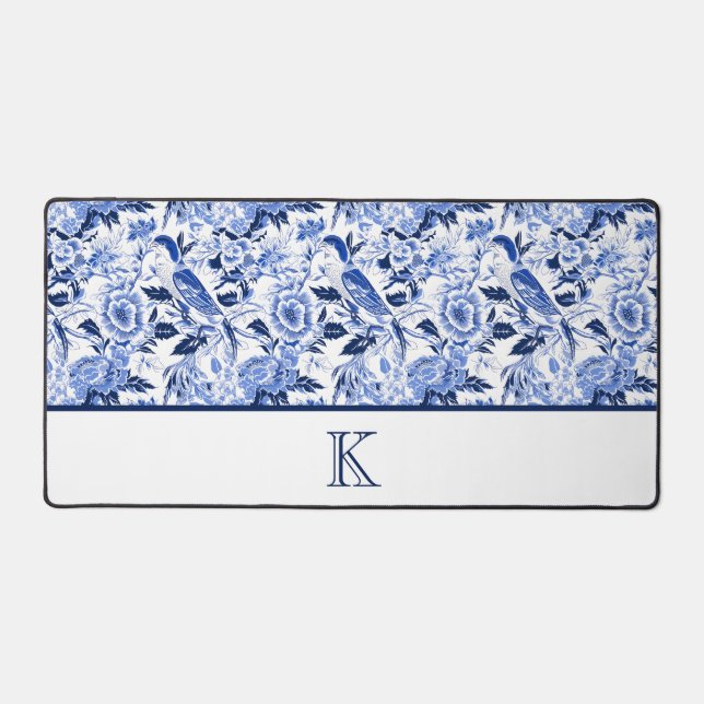 Blue Bird Chinoiserie Monogram  Desk Mat (Front)