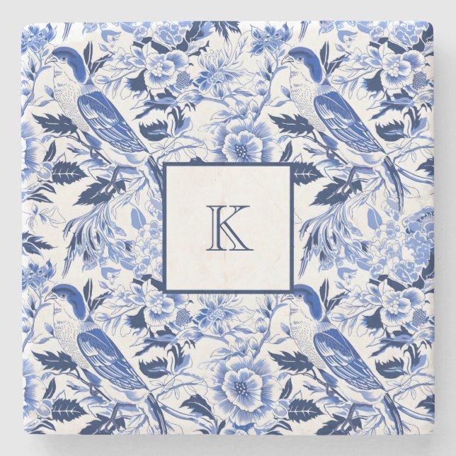 Blue Bird Chinoiserie Monogram  Stone Coaster (Front)