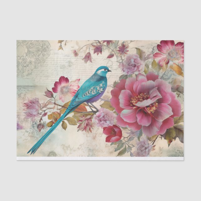 Blue Bird Colourful Floral Background Decoupage  Tissue Paper (Front)