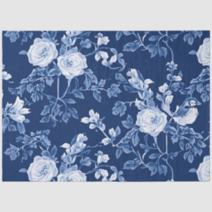 Blue Bird Cream White Flowers Decoupage Tissue Paper