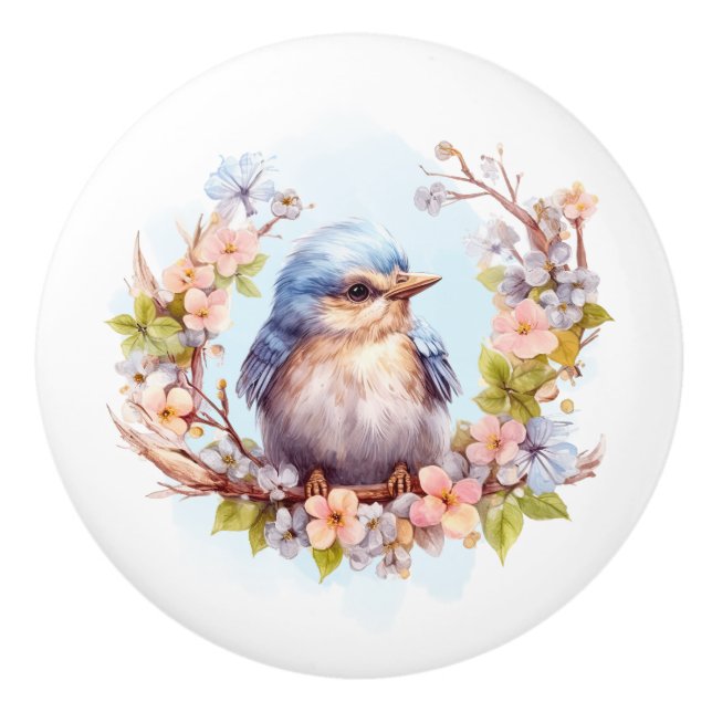 Blue Bird Floral Ceramic Knob (Front)