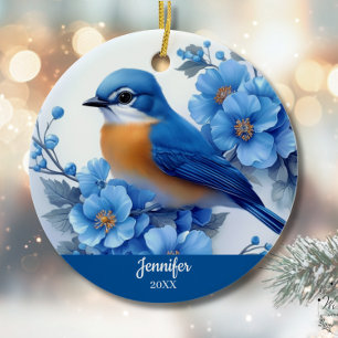 Blue Bird Floral Christmas North American Eastern Ceramic Ornament