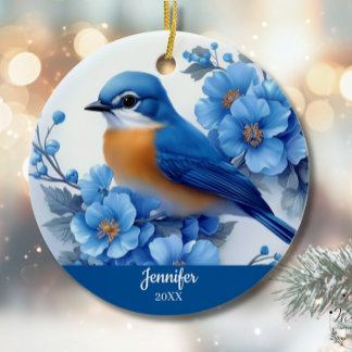 Blue Bird Floral Christmas North American Eastern  Ceramic Ornament