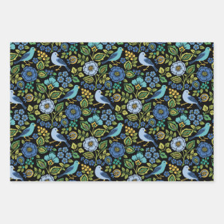 Blue Bird Floral on Black Wrapping Paper Sheet