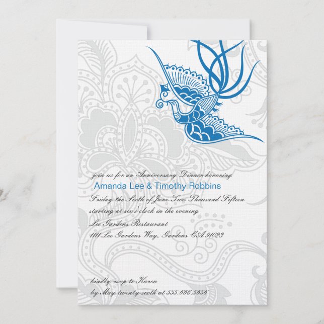 Blue Bird & Floral Wedding Anniversary Invite (Front)