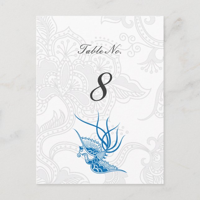 Blue Bird & Floral Wedding Table Number Cards (Front)