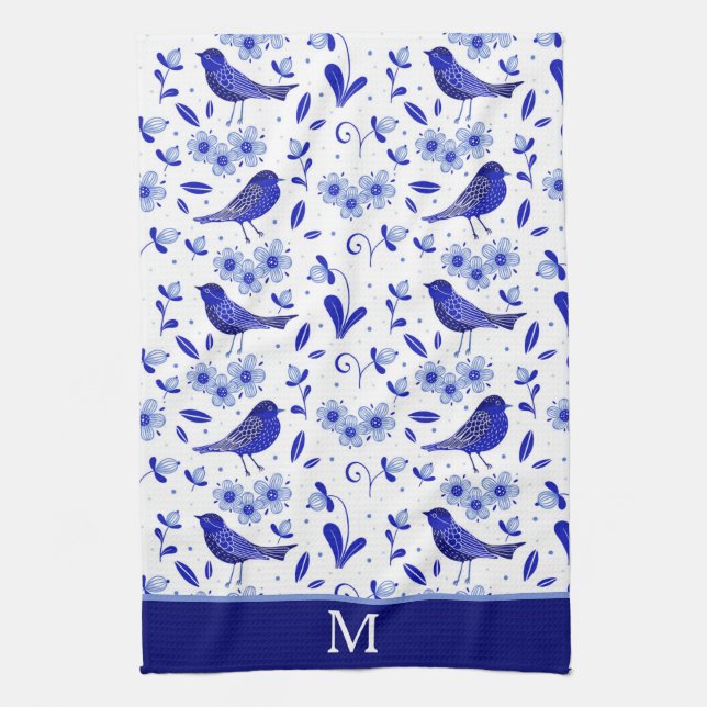Blue Bird Folk Art Pattern Monogram Kitchen Towel (Vertical)