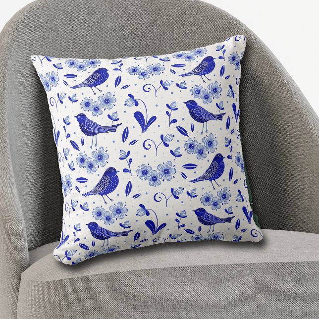 Blue Bird Folk Art Pattern Throw Pillow (Creator Uploaded)