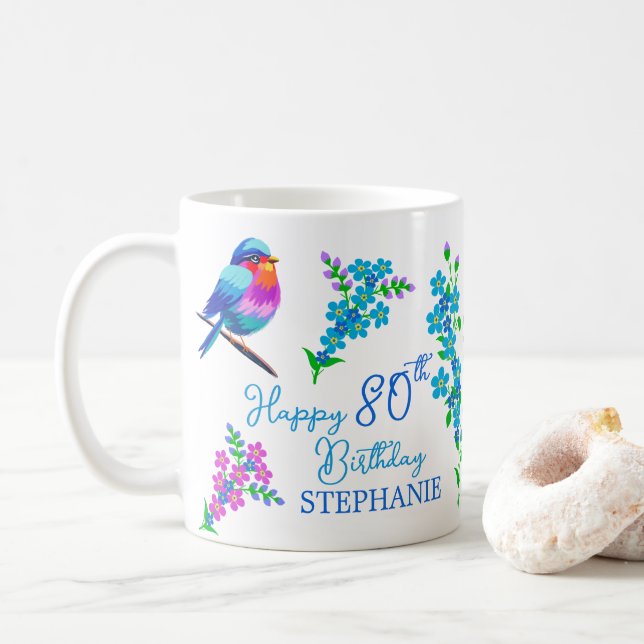 Blue Bird Forget Me Not Floral 80th Birthday Coffee Mug (With Donut)