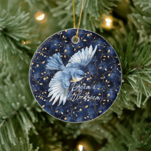 Blue Bird Gold Leaves Dream Ceramic Ornament