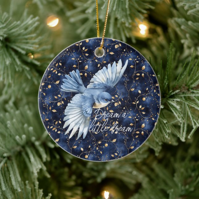 Blue Bird Gold Leaves Dream Ceramic Ornament (Tree)