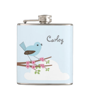 Blue Bird in Blossom Tree Hip Flask