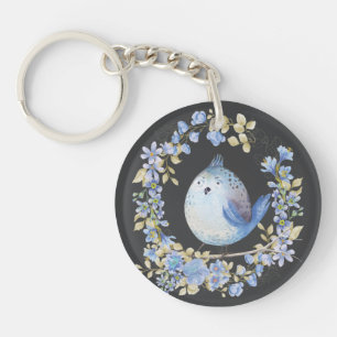 Blue bird in floral wreath keychain