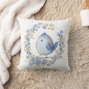 Blue bird in floral wreath throw pillow
