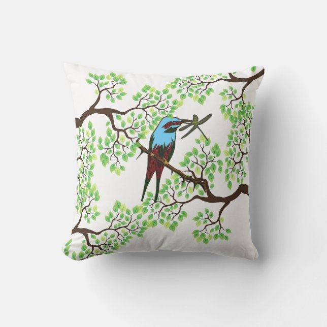 Blue Bird in Trees Throw Pillow (Front)