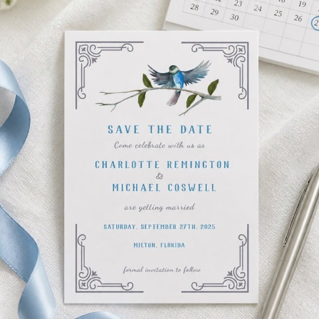 Blue Bird of Happiness Wedding Save the Date Card (Creator Uploaded)
