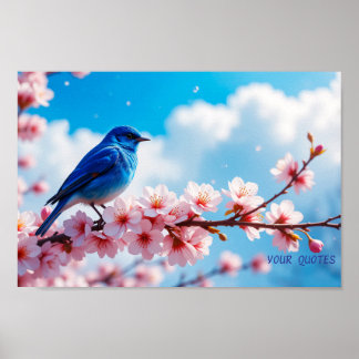 Blue Bird on Cherry Blossom Branch Poster