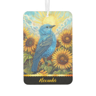 Blue bird on sunflowers at sunrise air freshener