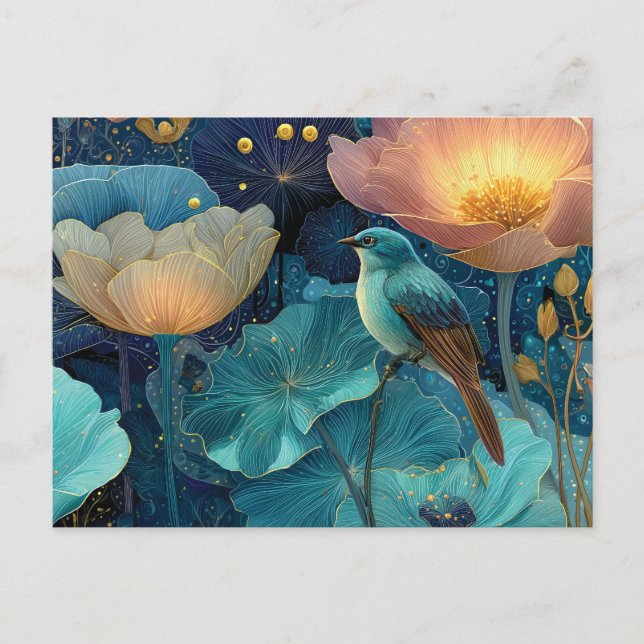 Blue Bird Perched Amidst Glowing Flowers Postcard (Front)