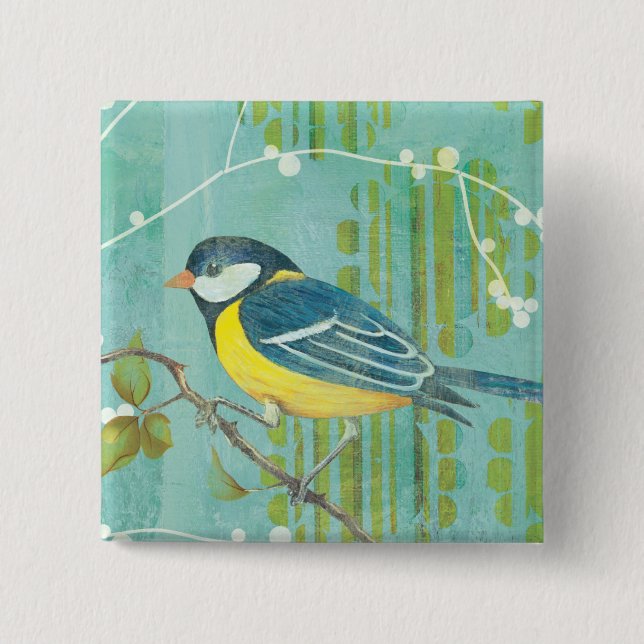 Blue Bird Perched on a Tree 2 Inch Square Button (Front)