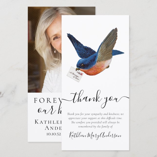 Blue Bird Photo Funeral Thank You Card (Front/Back)