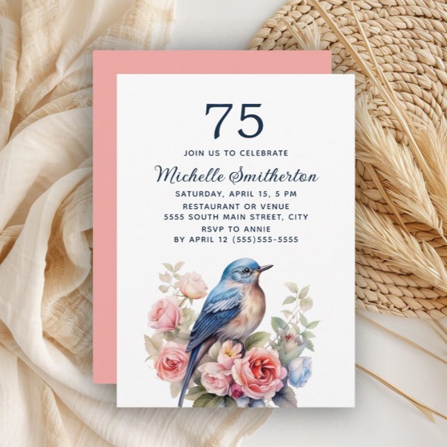 Blue Bird Pink Flowers 75th Birthday Invitation (Blue bird and pink floral 75th birthday invitation)