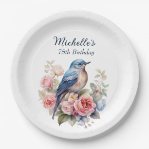 Blue Bird Pink Flowers 75th Birthday Paper Plate