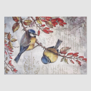 Blue Bird Red Berries French Script Decoupage Tissue Paper